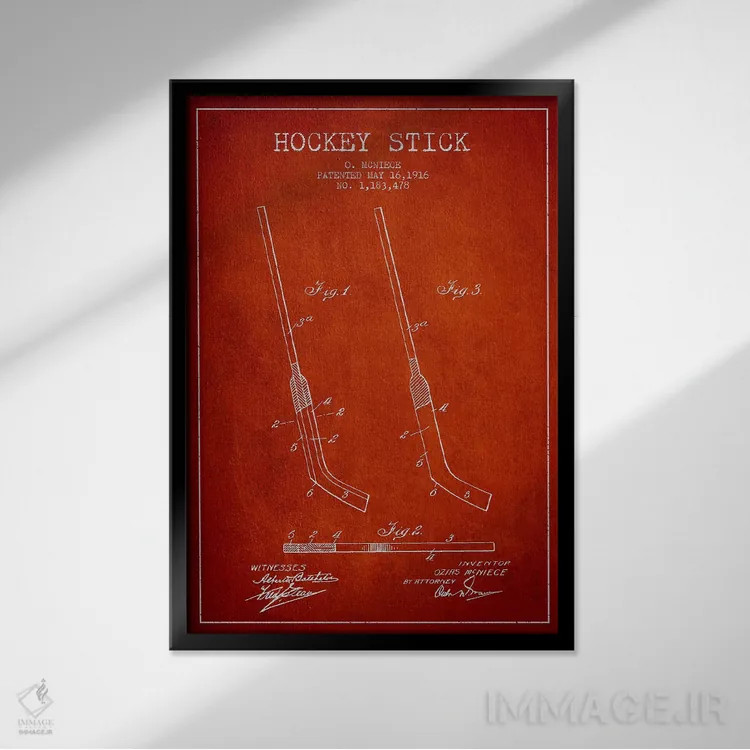 تابلو نقشهٔ ثبت اختراع چوب هاکی (طرح قرمز) اثر پیکسل کهنه (استودیو/نام هنری) - نمای قابدار مشکی