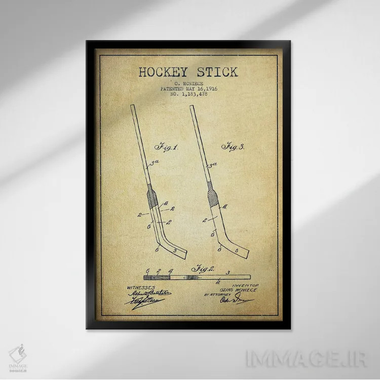 تابلو نقشهٔ ثبت اختراع چوب هاکی (طرح وینتیج) اثر پیکسل کهنه (استودیو/نام هنری) - نمای قابدار مشکی