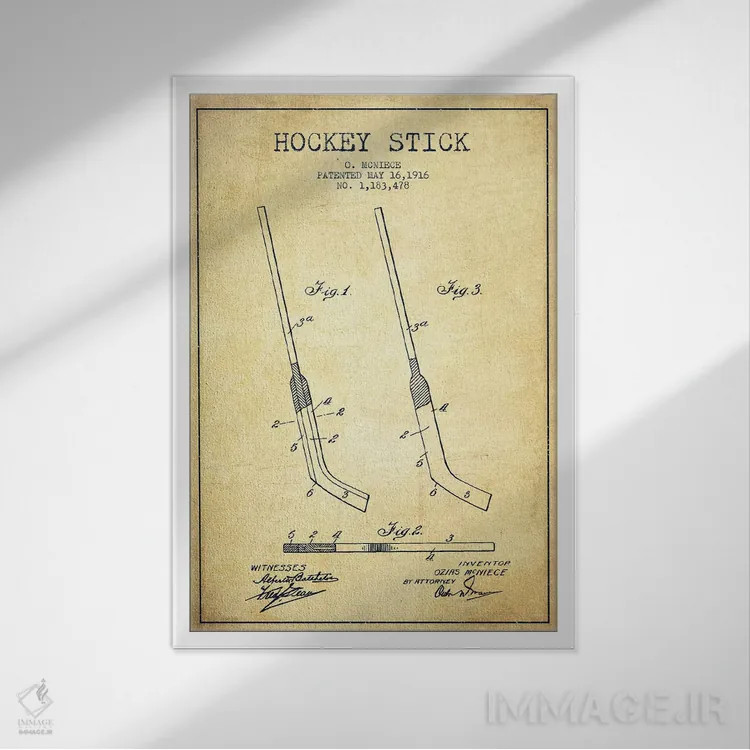 تابلو نقشهٔ ثبت اختراع چوب هاکی (طرح وینتیج) اثر پیکسل کهنه (استودیو/نام هنری) - نمای قابدار سفید