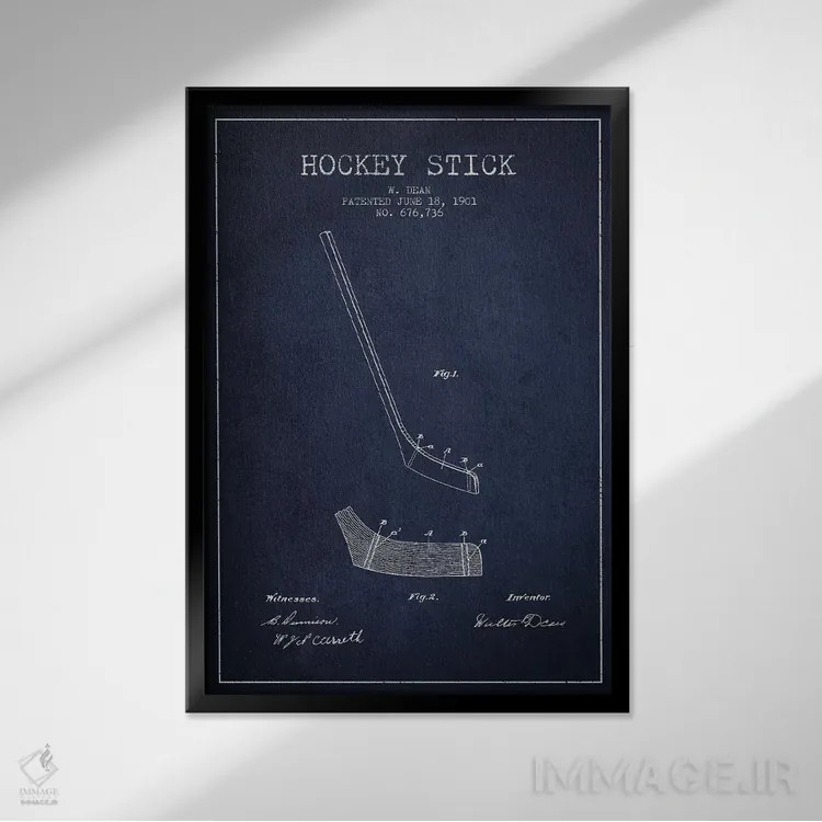 تابلو نقشهٔ ثبت اختراع چوب هاکی (طرح سرمهای) اثر پیکسل کهنه (استودیو/نام هنری) - نمای قابدار مشکی