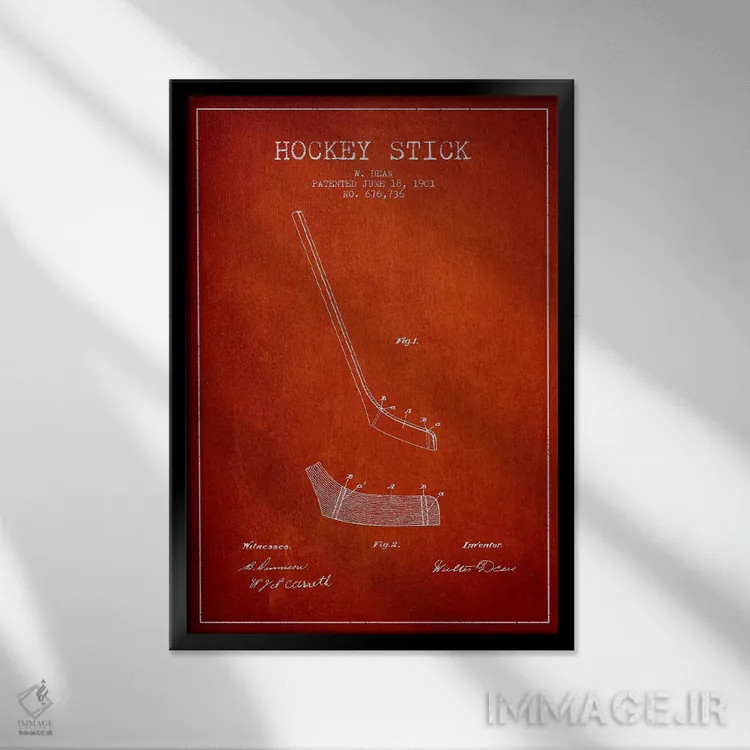 تابلو نقشهٔ ثبت اختراع چوب هاکی (طرح قرمز) اثر پیکسل کهنه (استودیو/نام هنری) - نمای قابدار مشکی