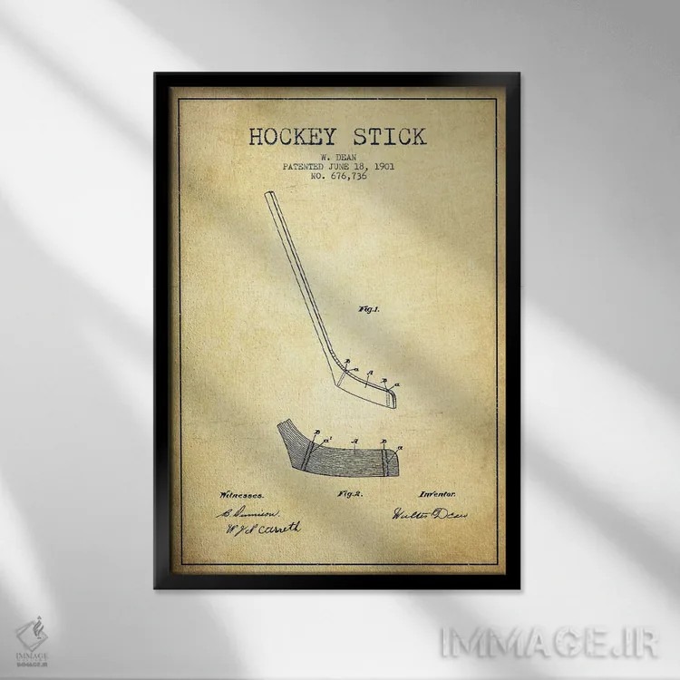 تابلو نقشهٔ ثبت اختراع چوب هاکی (طرح وینتیج) اثر پیکسل کهنه (استودیو/نام هنری) - نمای قابدار مشکی