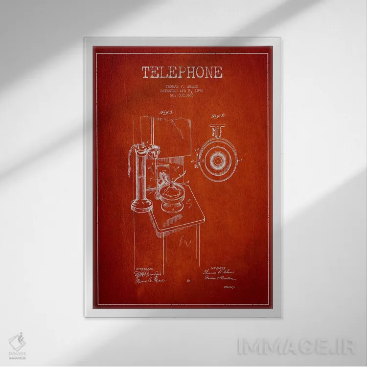 تابلو نقشهٔ ثبت اختراع تلفن Ahern (طرح قرمز) اثر پیکسل کهنه (استودیو/نام هنری) - نمای قابدار سفید