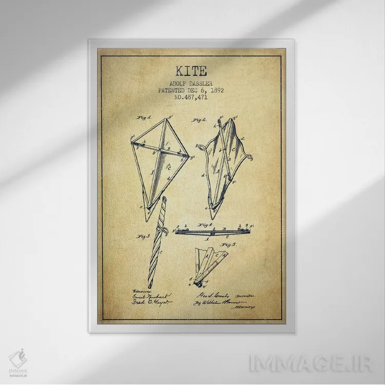 تابلو نقشهٔ ثبت اختراع بادبادک (طرح وینتیج) اثر پیکسل کهنه (استودیو/نام هنری) - نمای قابدار سفید