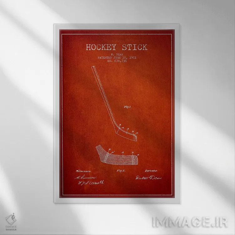 تابلو نقشهٔ ثبت اختراع چوب هاکی (طرح قرمز) اثر پیکسل کهنه (استودیو/نام هنری) - نمای قابدار سفید