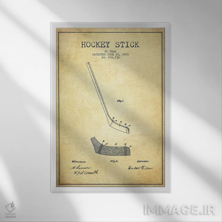 تابلو نقشهٔ ثبت اختراع چوب هاکی (طرح وینتیج) اثر پیکسل کهنه (استودیو/نام هنری) - نمای قابدار سفید