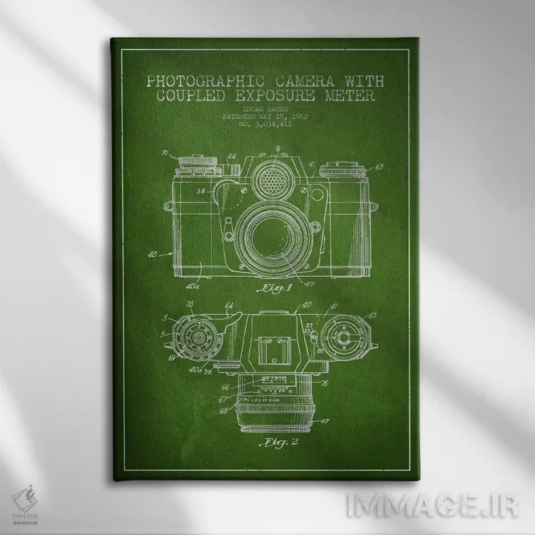 تابلو نقشهٔ ثبت اختراع دوربین (طرح سبز) اثر پیکسل کهنه (استودیو/نام هنری) - نمای روبهرو روی دیوار