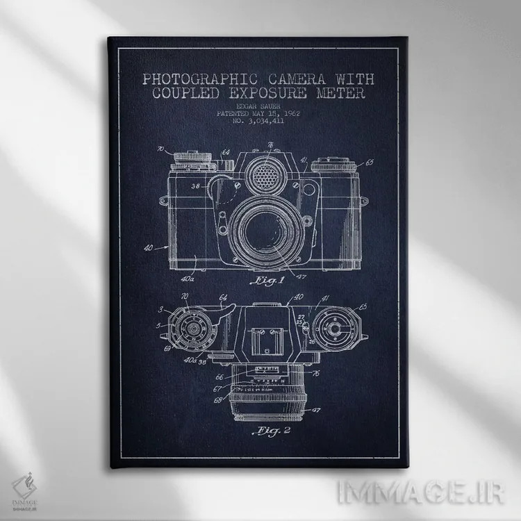 تابلو نقشهٔ ثبت اختراع دوربین (طرح سرمهای) اثر پیکسل کهنه (استودیو/نام هنری) - نمای روبهرو روی دیوار