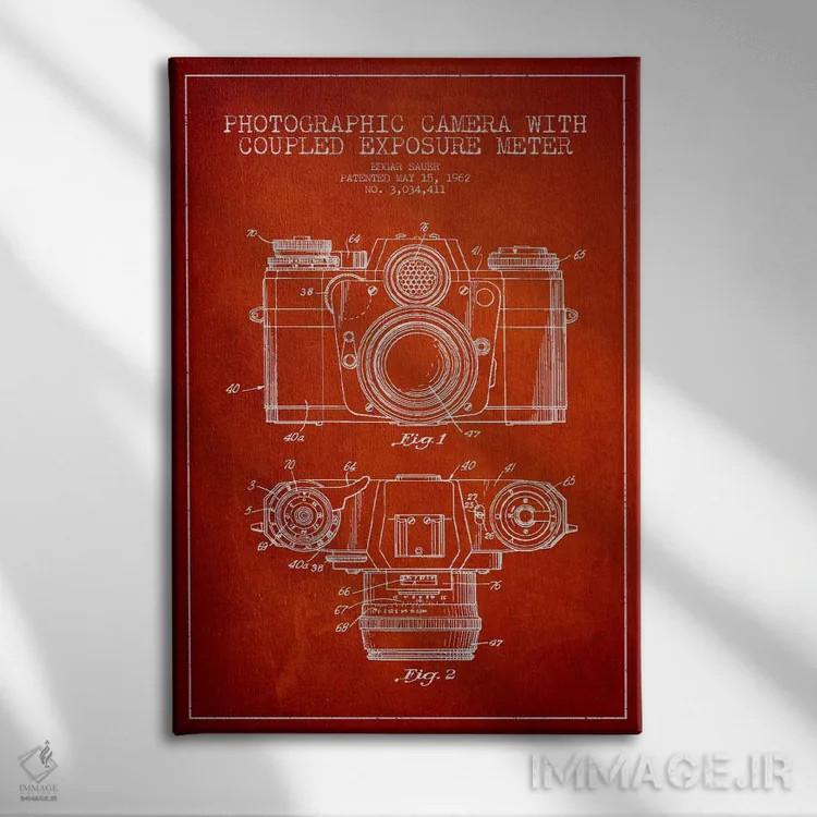 تابلو نقشهٔ ثبت اختراع دوربین (طرح قرمز) اثر پیکسل کهنه (استودیو/نام هنری) - نمای روبهرو روی دیوار