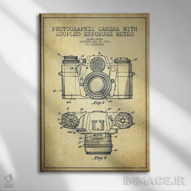 تابلو نقشهٔ ثبت اختراع دوربین (طرح وینتیج) اثر پیکسل کهنه (استودیو/نام هنری) - نمای روبهرو روی دیوار