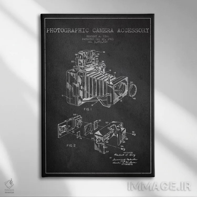 تابلو نقشهٔ ثبت اختراع دوربین (طرح زغالی) اثر پیکسل کهنه (استودیو/نام هنری) - نمای روبهرو روی دیوار