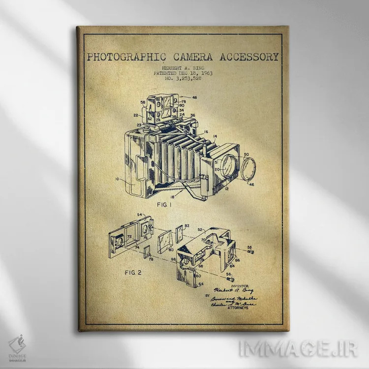 تابلو نقشهٔ ثبت اختراع دوربین (طرح وینتیج) اثر پیکسل کهنه (استودیو/نام هنری) - نمای روبهرو روی دیوار