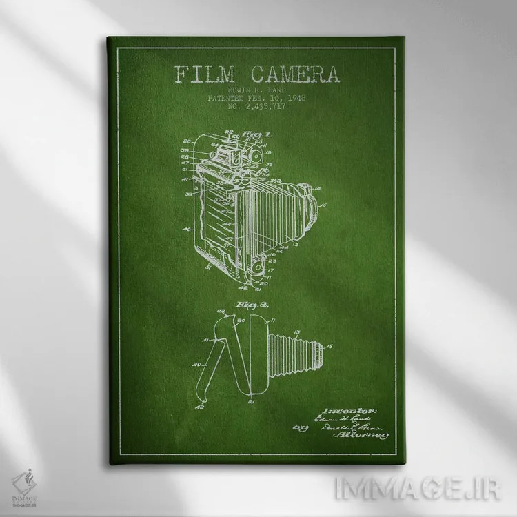 تابلو نقشهٔ ثبت اختراع دوربین (طرح سبز) اثر پیکسل کهنه (استودیو/نام هنری) - نمای روبهرو روی دیوار