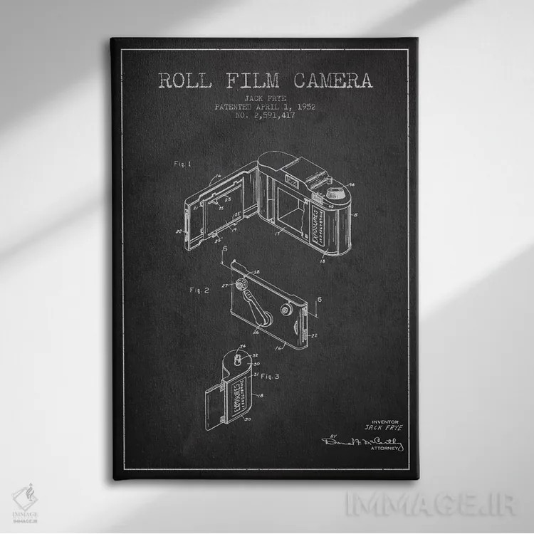 تابلو نقشهٔ اختراع دوربین (ذغالی) اثر پیکسل کهنه (استودیو/نام هنری) - نمای روبهرو روی دیوار