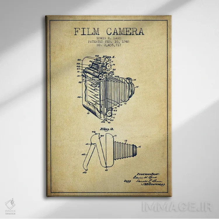 تابلو نقشهٔ ثبت اختراع دوربین (طرح وینتیج) اثر پیکسل کهنه (استودیو/نام هنری) - نمای روبهرو روی دیوار