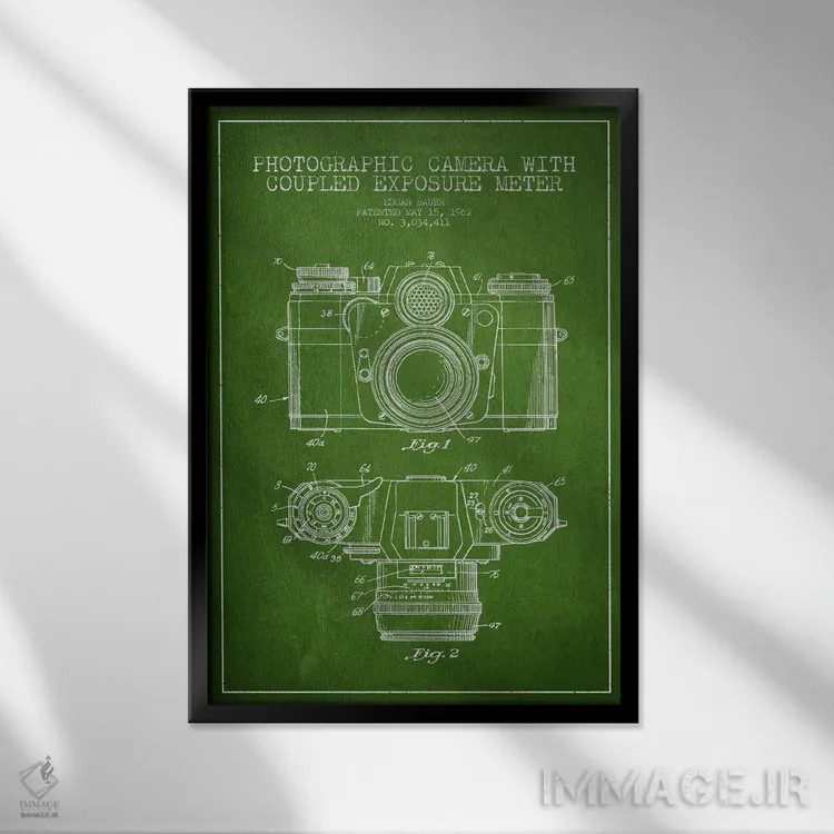 تابلو نقشهٔ ثبت اختراع دوربین (طرح سبز) اثر پیکسل کهنه (استودیو/نام هنری) - نمای قابدار مشکی