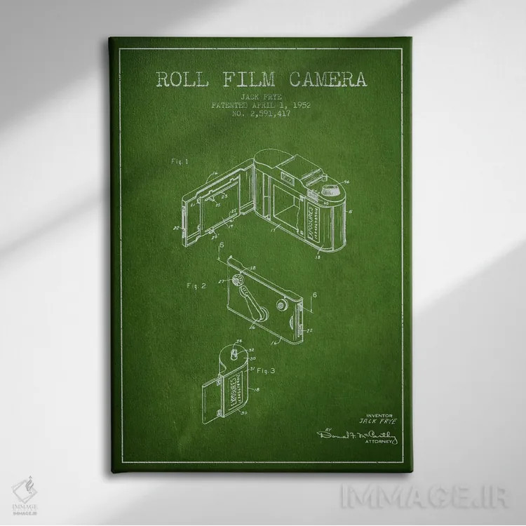 تابلو نقشهٔ اختراع دوربین (سبز) اثر پیکسل کهنه (استودیو/نام هنری) - نمای روبهرو روی دیوار