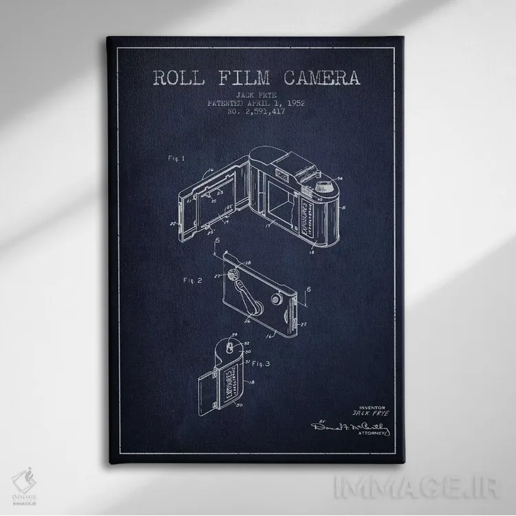 تابلو نقشهٔ اختراع دوربین (سرمهای) اثر پیکسل کهنه (استودیو/نام هنری) - نمای روبهرو روی دیوار