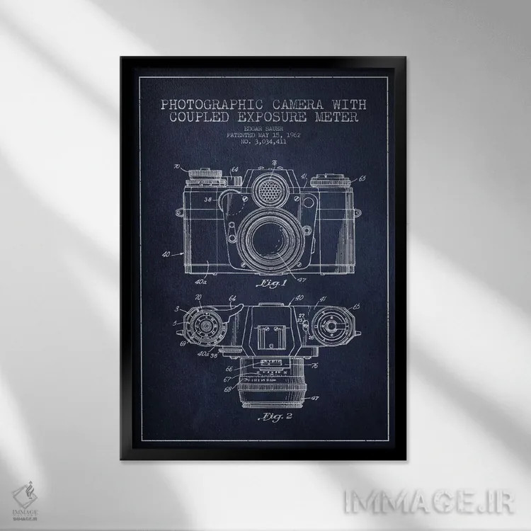 تابلو نقشهٔ ثبت اختراع دوربین (طرح سرمهای) اثر پیکسل کهنه (استودیو/نام هنری) - نمای قابدار مشکی