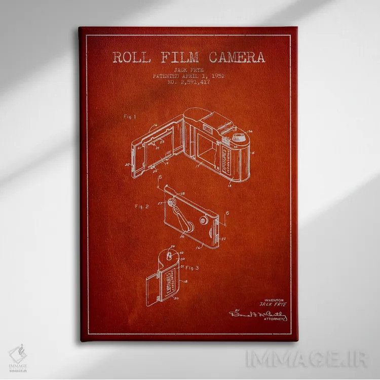 تابلو نقشهٔ اختراع دوربین (قرمز) اثر پیکسل کهنه (استودیو/نام هنری) - نمای روبهرو روی دیوار