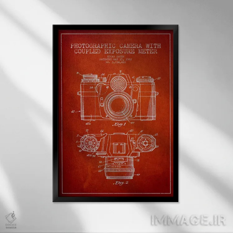 تابلو نقشهٔ ثبت اختراع دوربین (طرح قرمز) اثر پیکسل کهنه (استودیو/نام هنری) - نمای قابدار مشکی