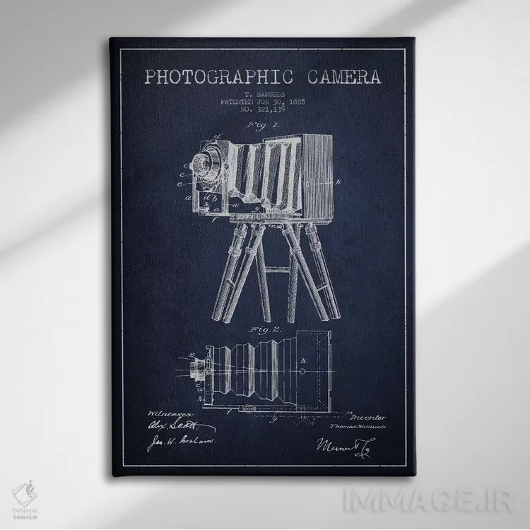 تابلو نقشهٔ اختراع دوربین (سرمهای) اثر پیکسل کهنه (استودیو/نام هنری) - نمای روبهرو روی دیوار
