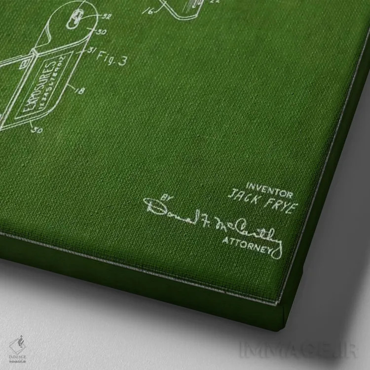 تابلو نقشهٔ اختراع دوربین (سبز) اثر پیکسل کهنه (استودیو/نام هنری) - نمای نزدیک بافت بوم