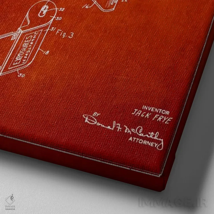 تابلو نقشهٔ اختراع دوربین (قرمز) اثر پیکسل کهنه (استودیو/نام هنری) - نمای نزدیک بافت بوم