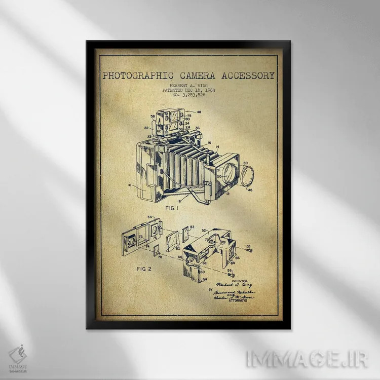تابلو نقشهٔ ثبت اختراع دوربین (طرح وینتیج) اثر پیکسل کهنه (استودیو/نام هنری) - نمای قابدار مشکی