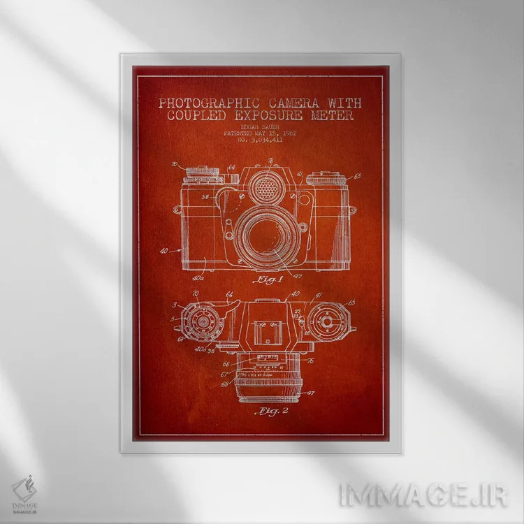 تابلو نقشهٔ ثبت اختراع دوربین (طرح قرمز) اثر پیکسل کهنه (استودیو/نام هنری) - نمای قابدار سفید