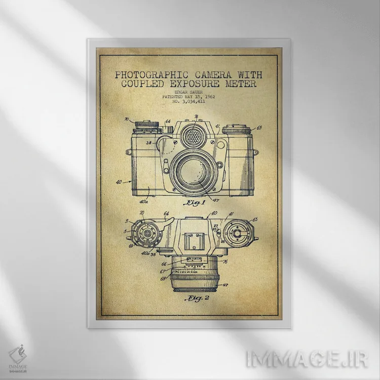 تابلو نقشهٔ ثبت اختراع دوربین (طرح وینتیج) اثر پیکسل کهنه (استودیو/نام هنری) - نمای قابدار سفید