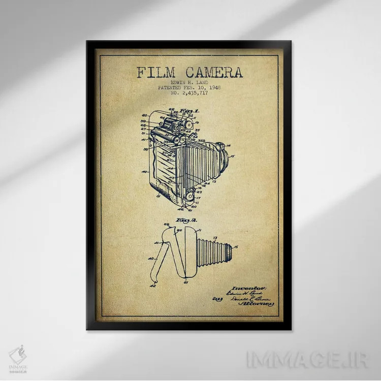 تابلو نقشهٔ ثبت اختراع دوربین (طرح وینتیج) اثر پیکسل کهنه (استودیو/نام هنری) - نمای قابدار مشکی