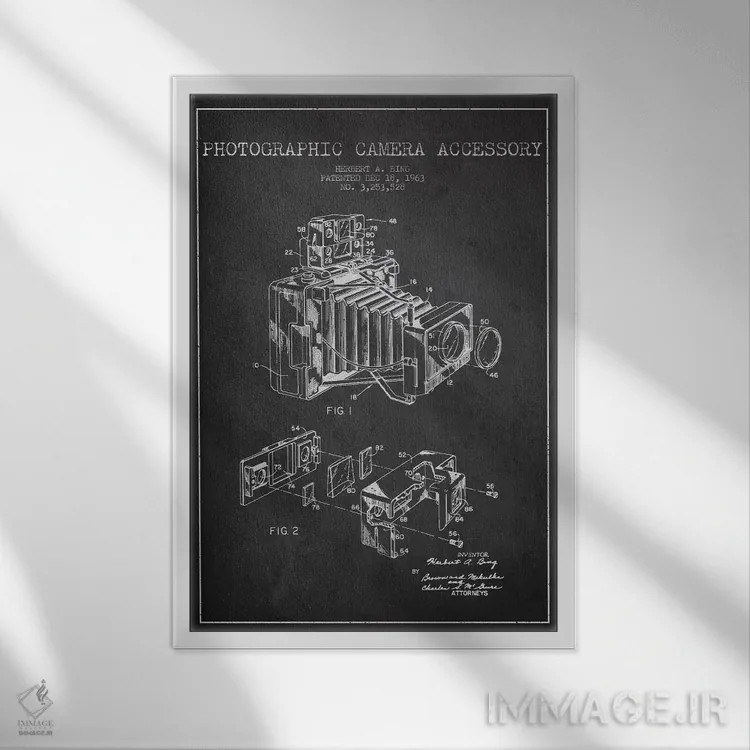 تابلو نقشهٔ ثبت اختراع دوربین (طرح زغالی) اثر پیکسل کهنه (استودیو/نام هنری) - نمای قابدار سفید