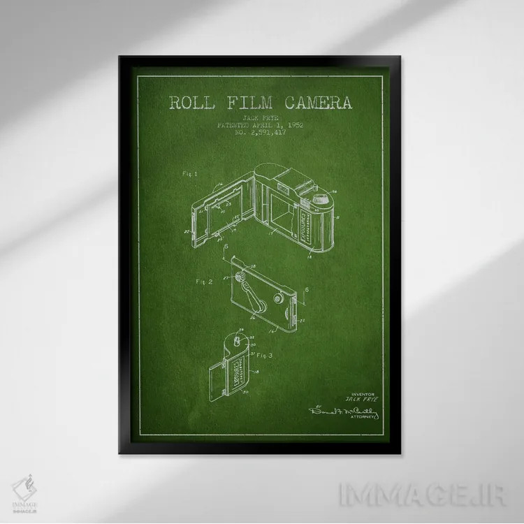 تابلو نقشهٔ اختراع دوربین (سبز) اثر پیکسل کهنه (استودیو/نام هنری) - نمای قابدار مشکی