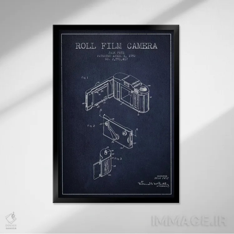 تابلو نقشهٔ اختراع دوربین (سرمهای) اثر پیکسل کهنه (استودیو/نام هنری) - نمای قابدار مشکی