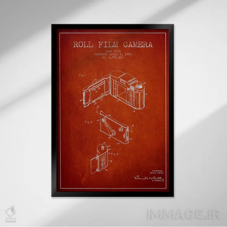 تابلو نقشهٔ اختراع دوربین (قرمز) اثر پیکسل کهنه (استودیو/نام هنری) - نمای قابدار مشکی