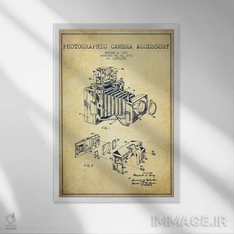 تابلو نقشهٔ ثبت اختراع دوربین (طرح وینتیج) اثر پیکسل کهنه (استودیو/نام هنری) - نمای قابدار سفید