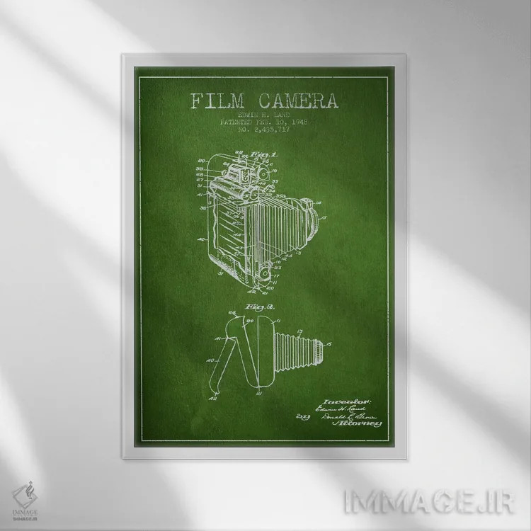 تابلو نقشهٔ ثبت اختراع دوربین (طرح سبز) اثر پیکسل کهنه (استودیو/نام هنری) - نمای قابدار سفید