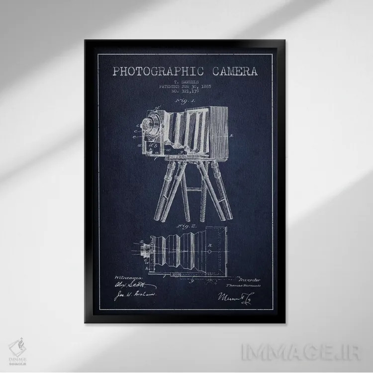 تابلو نقشهٔ اختراع دوربین (سرمهای) اثر پیکسل کهنه (استودیو/نام هنری) - نمای قابدار مشکی