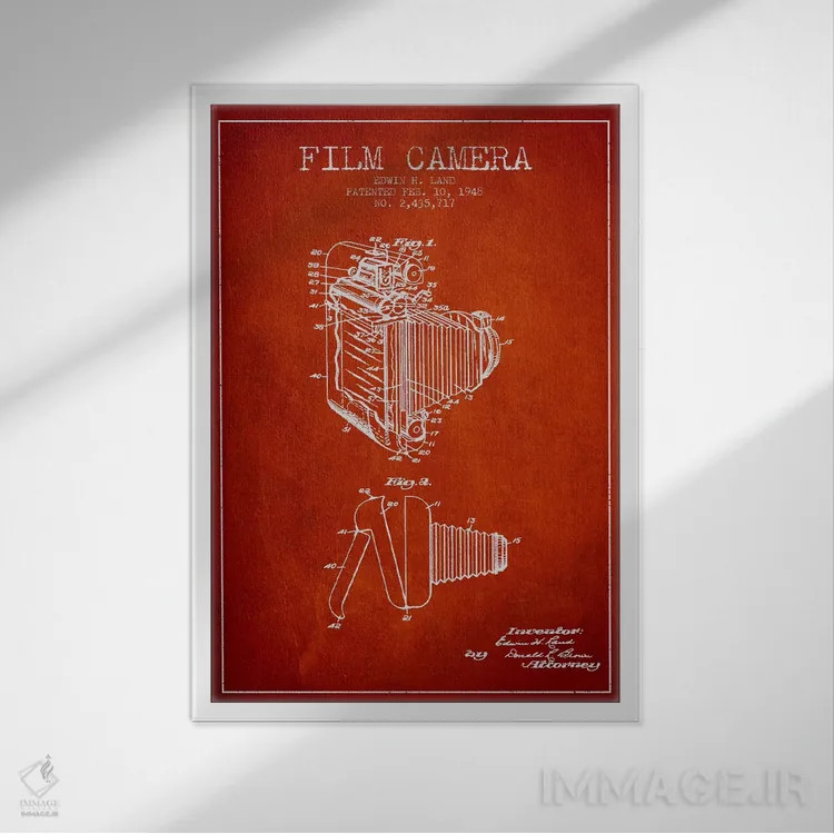 تابلو نقشهٔ ثبت اختراع دوربین (طرح قرمز) اثر پیکسل کهنه (استودیو/نام هنری) - نمای قابدار سفید