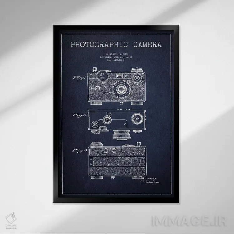 تابلو نقشهٔ اختراع دوربین (سرمهای) اثر پیکسل کهنه (استودیو/نام هنری) - نمای قابدار مشکی