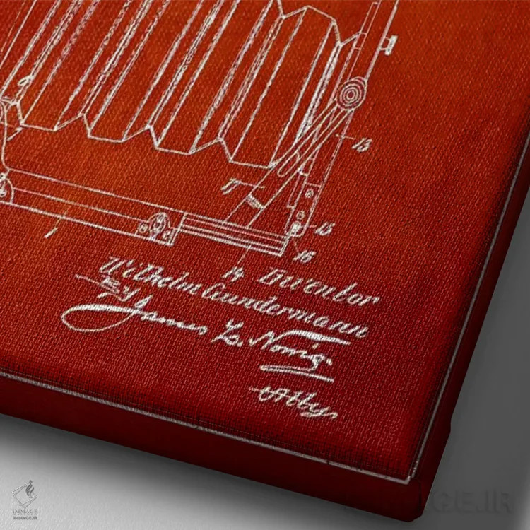 تابلو نقشهٔ اختراع دوربین (قرمز) اثر پیکسل کهنه (استودیو/نام هنری) - نمای نزدیک بافت بوم