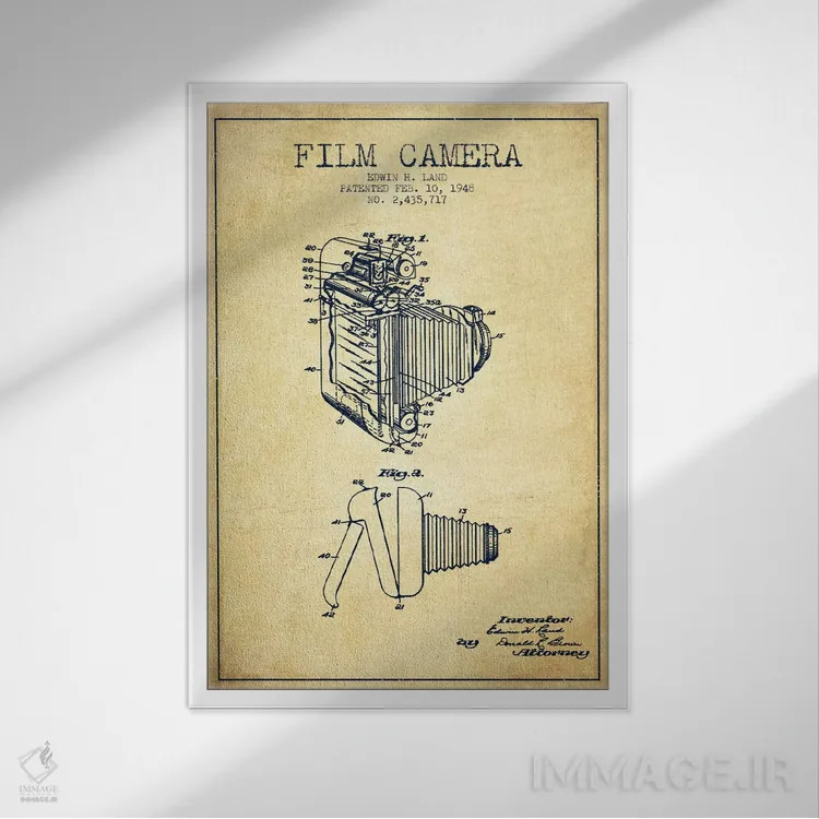 تابلو نقشهٔ ثبت اختراع دوربین (طرح وینتیج) اثر پیکسل کهنه (استودیو/نام هنری) - نمای قابدار سفید