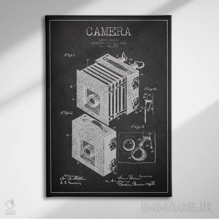 تابلو نقشهٔ اختراع دوربین (ذغالی) اثر پیکسل کهنه (استودیو/نام هنری) - نمای روبهرو روی دیوار