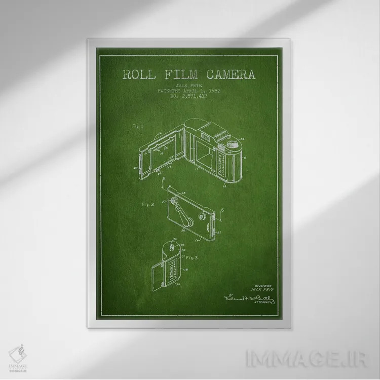 تابلو نقشهٔ اختراع دوربین (سبز) اثر پیکسل کهنه (استودیو/نام هنری) - نمای قابدار سفید