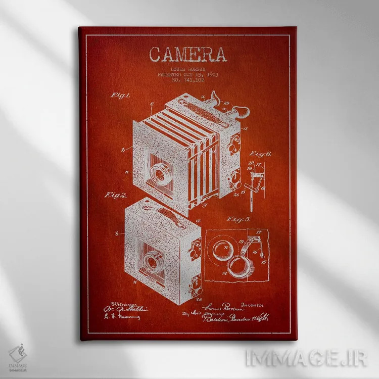 تابلو نقشهٔ اختراع دوربین (قرمز) اثر پیکسل کهنه (استودیو/نام هنری) - نمای روبهرو روی دیوار