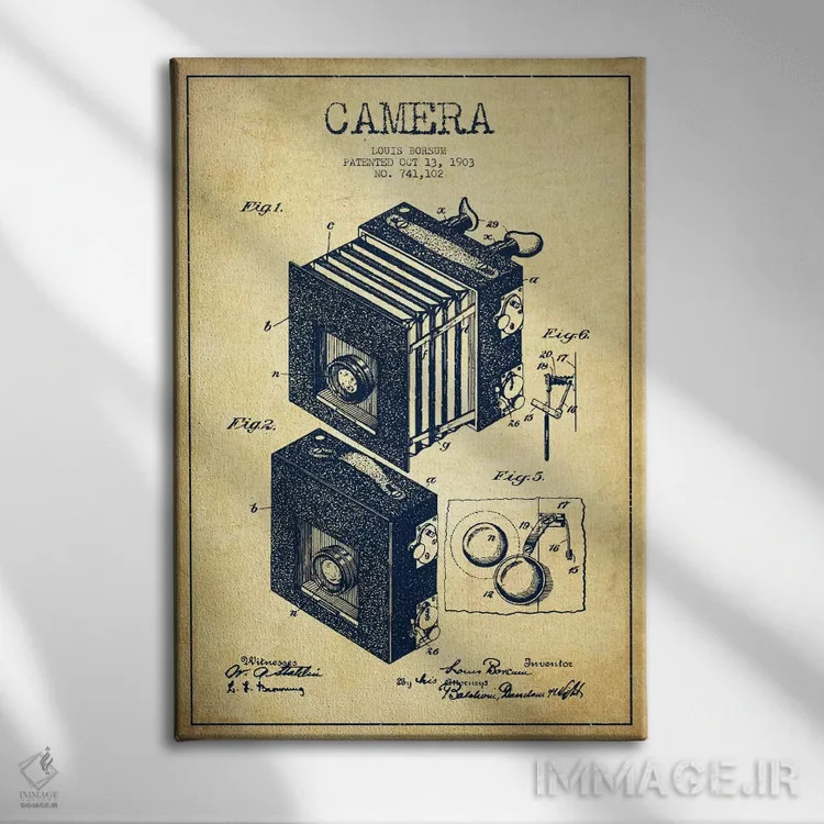 تابلو نقشهٔ اختراع دوربین (قدیمی) اثر پیکسل کهنه (استودیو/نام هنری) - نمای روبهرو روی دیوار