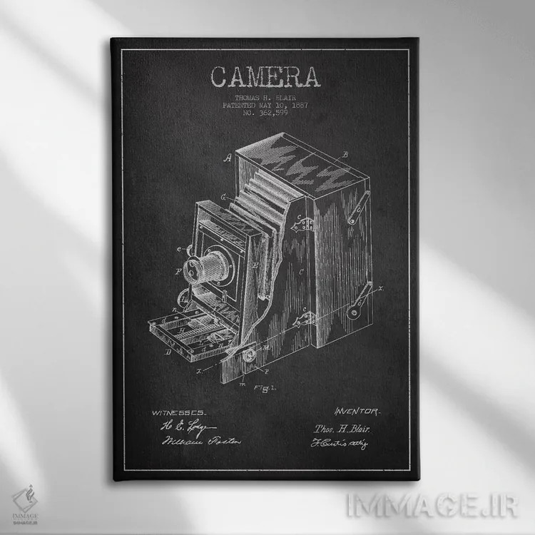 تابلو نقشهٔ اختراع دوربین (ذغالی) اثر پیکسل کهنه (استودیو/نام هنری) - نمای روبهرو روی دیوار