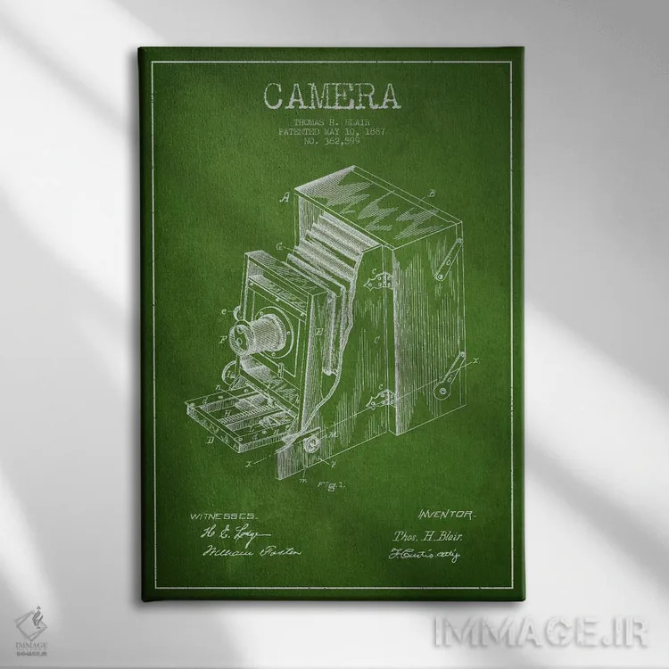 تابلو نقشهٔ اختراع دوربین (سبز) اثر پیکسل کهنه (استودیو/نام هنری) - نمای روبهرو روی دیوار