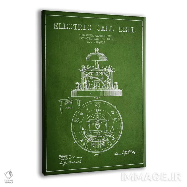 تابلو نقشهٔ اختراع زنگ برقی (سبز) اثر پیکسل کهنه (استودیو/نام هنری) - نمای پرسپکتیو محصول